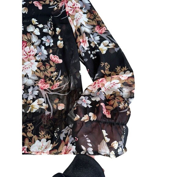 Womens Floral Sheer Blouse Black Long Sleeve Ruffle Neck Romantic Top Small - Picture 12 of 16